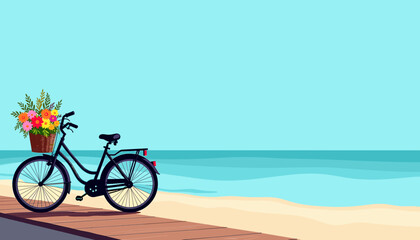 Fototapeta premium Bicycle with flowers in basket, seaside scene with room to copy