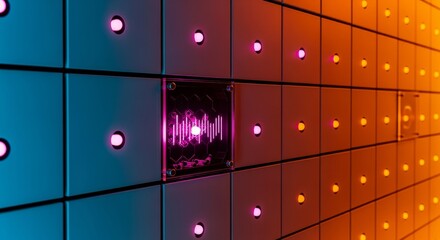 Abstract futuristic data center with neon lights and soundwave graphic