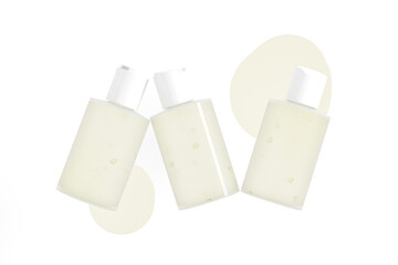 translucent cosmetic plastic bottle with disk top flip cap mockup, white flat disk cap shampoo packaging, short cylinder skincare container, cylindrical shape squeeze bottle, round shape bottle