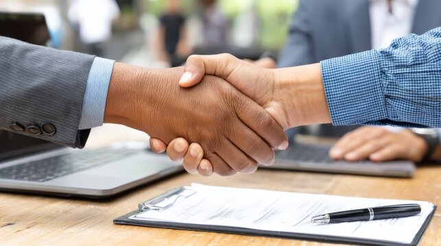 Businesspeople shaking hands in a professional setting with laptops and documents on the table