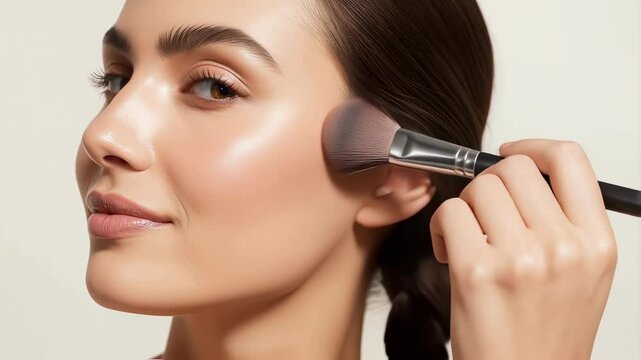 Smiling woman applying blush on her cheek with a large makeup brush. Creating a fresh and healthy look with cosmetics. Footage for makeup tutorials and beauty product advertising