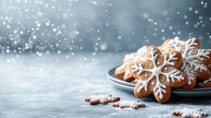 An enticing image displaying beautifully decorated snowflake-shaped cookies dusted with powdered sugar on a plate, creating a festive winter atmosphere.