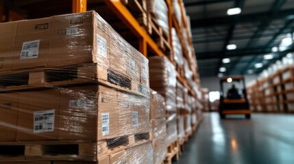 An organized warehouse filled with neatly stacked boxes on pallets, showcasing a clean and efficient storage space that emphasizes logistics and inventory management.