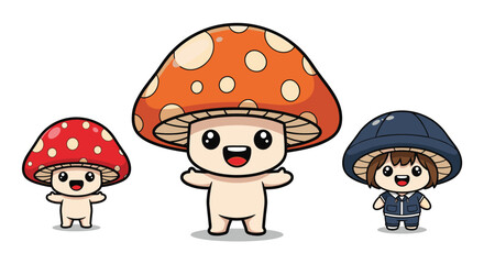 Fototapeta premium Cartoon Mushroom Characters with Happy Expressions in a Playful Forest Setting