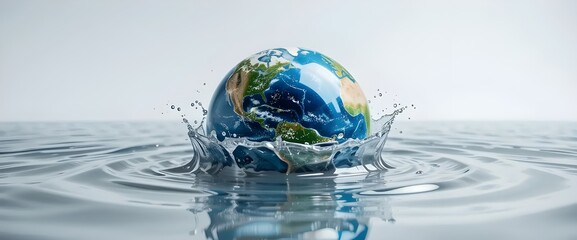 Planet Earth submerged in water creating a splash illustrating water conservation and environmental protection