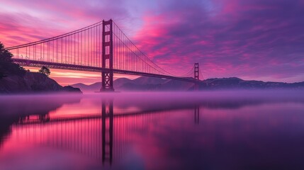 Golden Gate Bridge at sunrise, vibrant hues