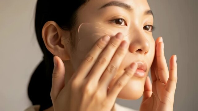 Young asian woman applying hydrating eye patches under her eyes. Skincare routine for reducing puffiness and dark circles. Use for anti-aging cosmetic product promotion