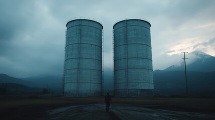 Obraz premium A solitary figure stands between two large silos under a dramatic sky, evoking a sense of isolation and contemplation amidst a rugged rural environment.