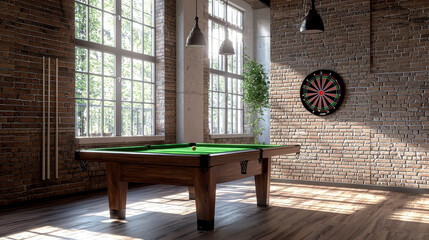 Photorealistic image of home billiards room featuring green felt table, large windows, and dartboard. warm atmosphere invites
