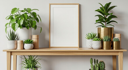 Stylish indoor plant collection on a wooden console table with a vertical blank picture frame for copy space, featuring various potted succulents and foliage, perfect for home decor