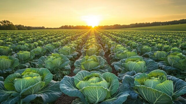 Wide view of a cabbage field at sunset.  Rows of cabbages stretch to the horizon. Golden light of sunset streams through the crops