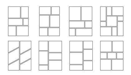 Comic manga storyboard grid template, vector rectangle layout for photo collage, flyer or poster, set