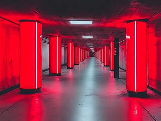 A long hallway with many illuminated red cylindrical structures
