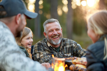 Joyful gathering of family around campfire, featuring elderly man laughing with young girl, surrounded by nature