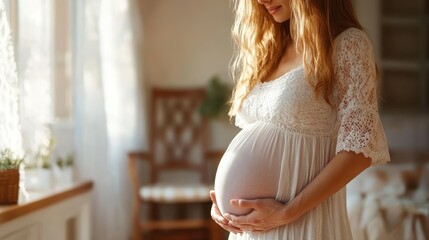 A serene scene of an expecting mother gently cradling her baby bump in a warmly lit room, celebrating the beauty and anticipation of new life in a cozy environment.