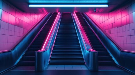 Neon-lit escalators in a futuristic subway station