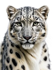 Obraz premium Majestic snow leopard portrait against white background showcasing stunning spots and intense gaze