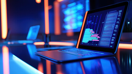 Modern office with sleek laptop displaying data analytics vibrant screen, illuminated by neon lights, creates futuristic