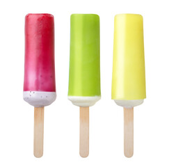 Set of colorful fruit popsicles on a stick on a white background. Isolated