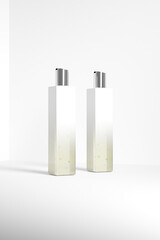 luxury cosmetic plastic bottle with disk top flip cap mockup, metallic flat disk cap shampoo packaging, square skincare container, rectangular shape squeeze bottle, slim cubic shape bottle