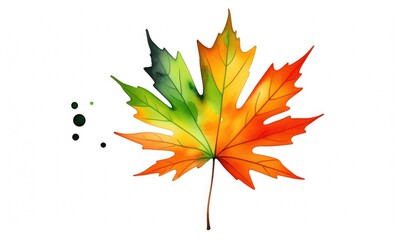Vibrant watercolor maple leaf with autumn colors and green splash