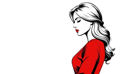Stylish woman in red dress with long hair: bold and elegant pop art illustration