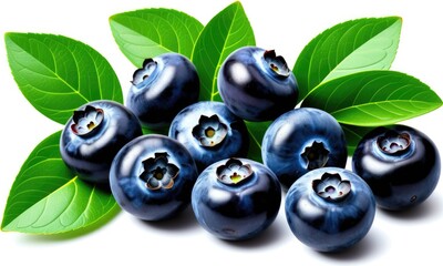 Fresh blueberries with green leaves on white background