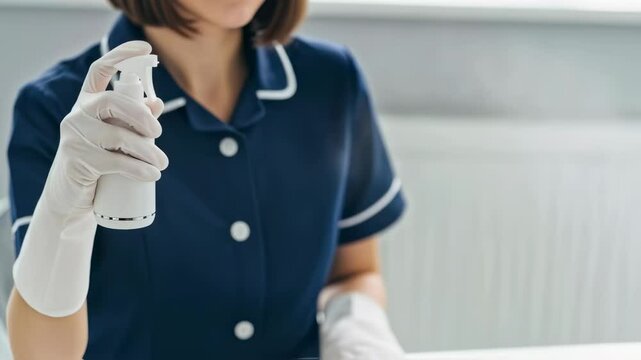 Cleaning service employee in uniform and gloves spraying disinfectant from a bottle. Professional disinfection and sanitization of premises. Footage for cleaning companies and hygiene promotion