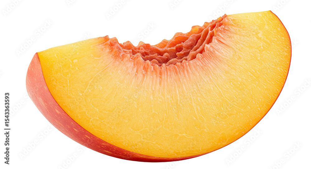 Poster close-up of a juicy peach slice with a bite taken out on a black background