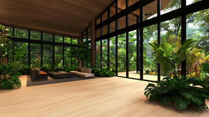 Fototapeta premium Serene interior of modern eco resort featuring large glass windows, lush greenery, and natural wood elements, creating