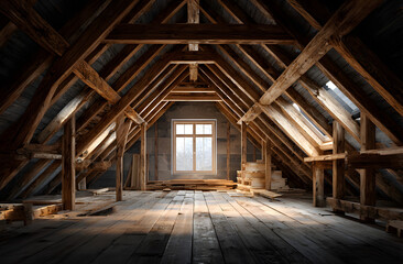 Fototapeta premium Spacious unfinished attic under construction. Exposed wooden beams, framework. Open space, natural light through window. Interior conversion renovation project. Home improvement, house building,