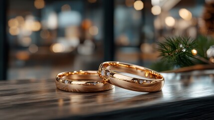 Two exquisite wedding rings glisten on a rustic wooden surface, representing love, commitment, and the beauty of timeless relationships in an intimate setting.
