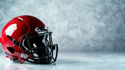Fototapeta premium This close-up image showcases a vibrant red football helmet against a gray background, symbolizing strength, teamwork, and the excitement of the sport in a dynamic way.