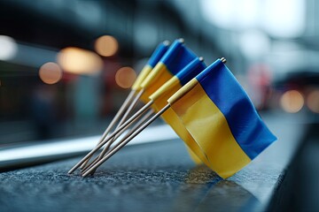 Miniature Ukrainian flags stand on a granite ledge their blue and yellow colors contrasting against a blurred urban background