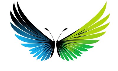 Vibrant abstract butterfly design with blue and green gradient wings on white background