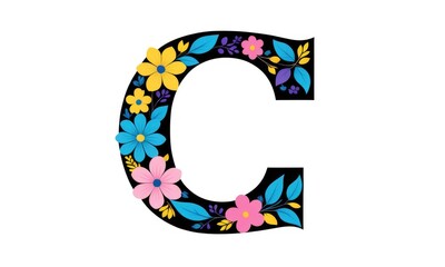 Floral alphabet letter c with colorful flowers and leaves on white background