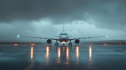 A passenger jet on a wet runway during a stormy evening