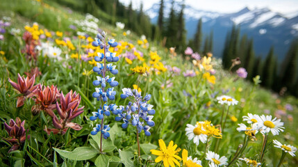 Obraz premium Vibrant meadow filled with colorful wildflowers, including blue lupines, daisies, and various other blooms, set against