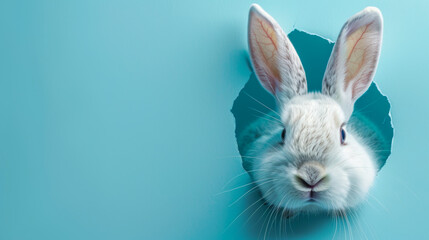 Obraz premium Curious white bunny poking its head and paws through a torn hole in bright teal paper background, creating a playful and whimsical spring or Easter-themed concept with copy space on the left side