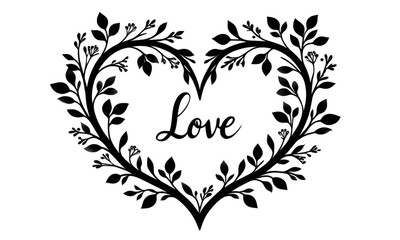 Floral heart design with love message in elegant black silhouette