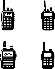 set of minimalist black and white walkie-talkie radio icon for war communication and field ops.