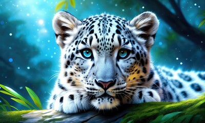 Fototapeta premium Majestic snow leopard resting in lush forest with dreamy night sky in background