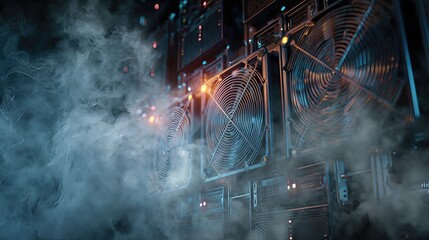 A high-tech server rack emits smoke while cooling systems operate, representing stress on equipment and the need for efficient data center solutions.
