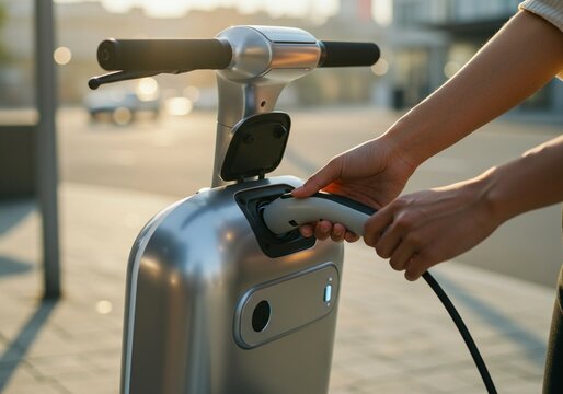 Sleek electric scooter being charged, highlighting sustainable urban transport and modern clean energy technology adoption.