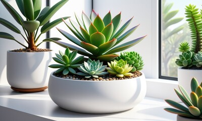 Fototapeta premium Sunlit succulent arrangement in minimalist white containers on window sill