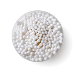 Cotton swabs in a package on a white background. Top view