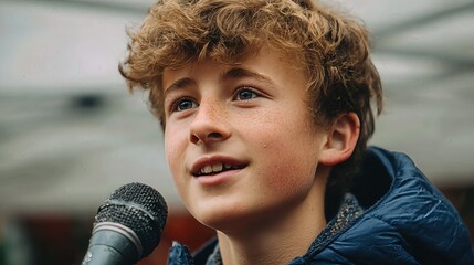 Focused and passionate, a teenage boy addresses a crowd, using his voice to advocate for climate action and environmental justice.