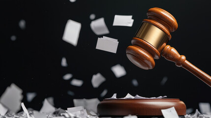 Digital gavel striking sound block with flying paper pieces symbolizes legal decisions and bankruptcy