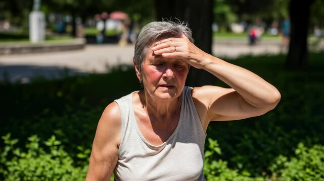 Senior woman suffering from a headache or heatstroke in a park on a hot summer day. Elderly health problems and heatwave danger. Scene for medical services or public health announcements