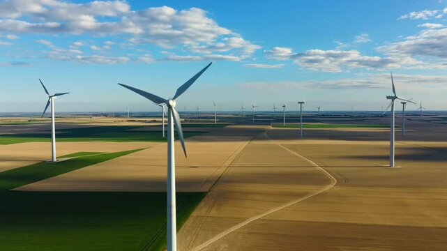 First-person drone shot soaring above wind turbines standing tall in open fields, capturing their rotating blades against a clear sky, symbolizing clean energy, sustainability, and innovation